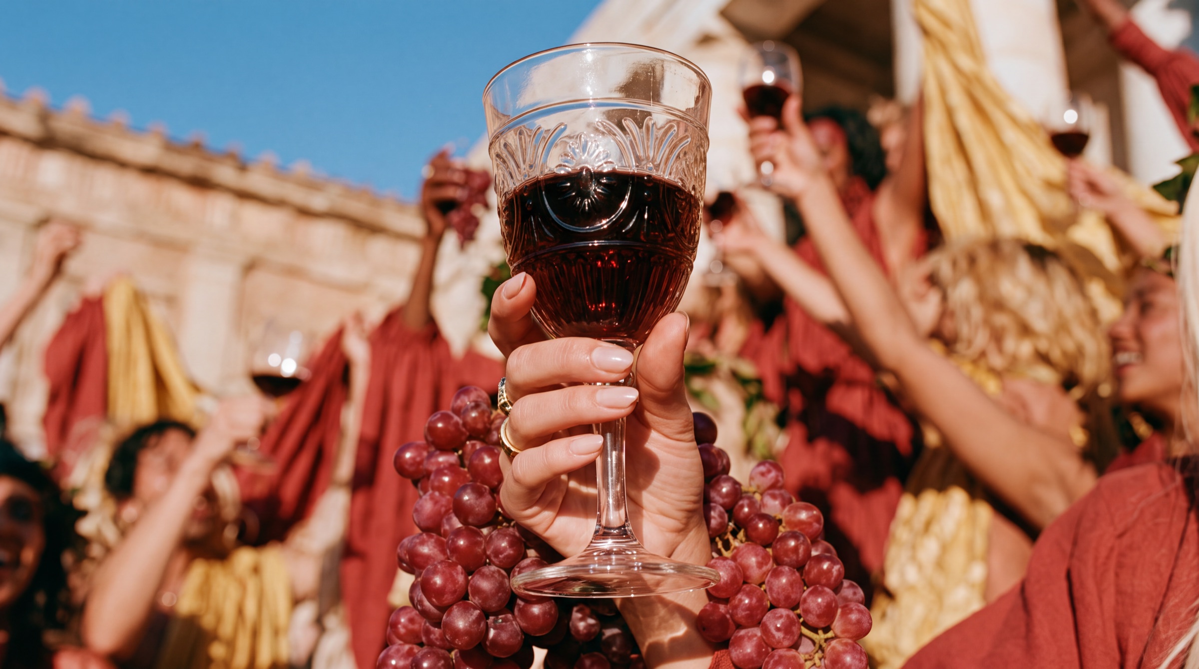 A hand raising a cut-crystal glass of red wine above a crowd